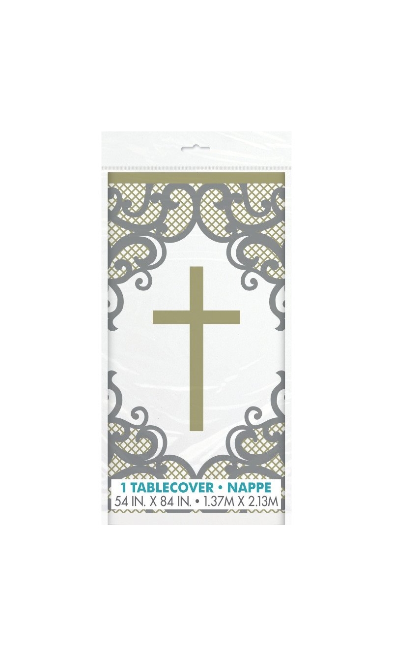 Fancy Gold Cross Plastic Table Cover -  54" x 84"