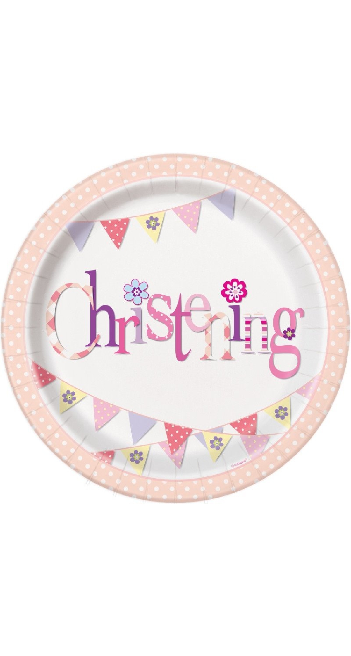 Pink Bunting Christening Round 9 Inch Paper Plates - 8pk