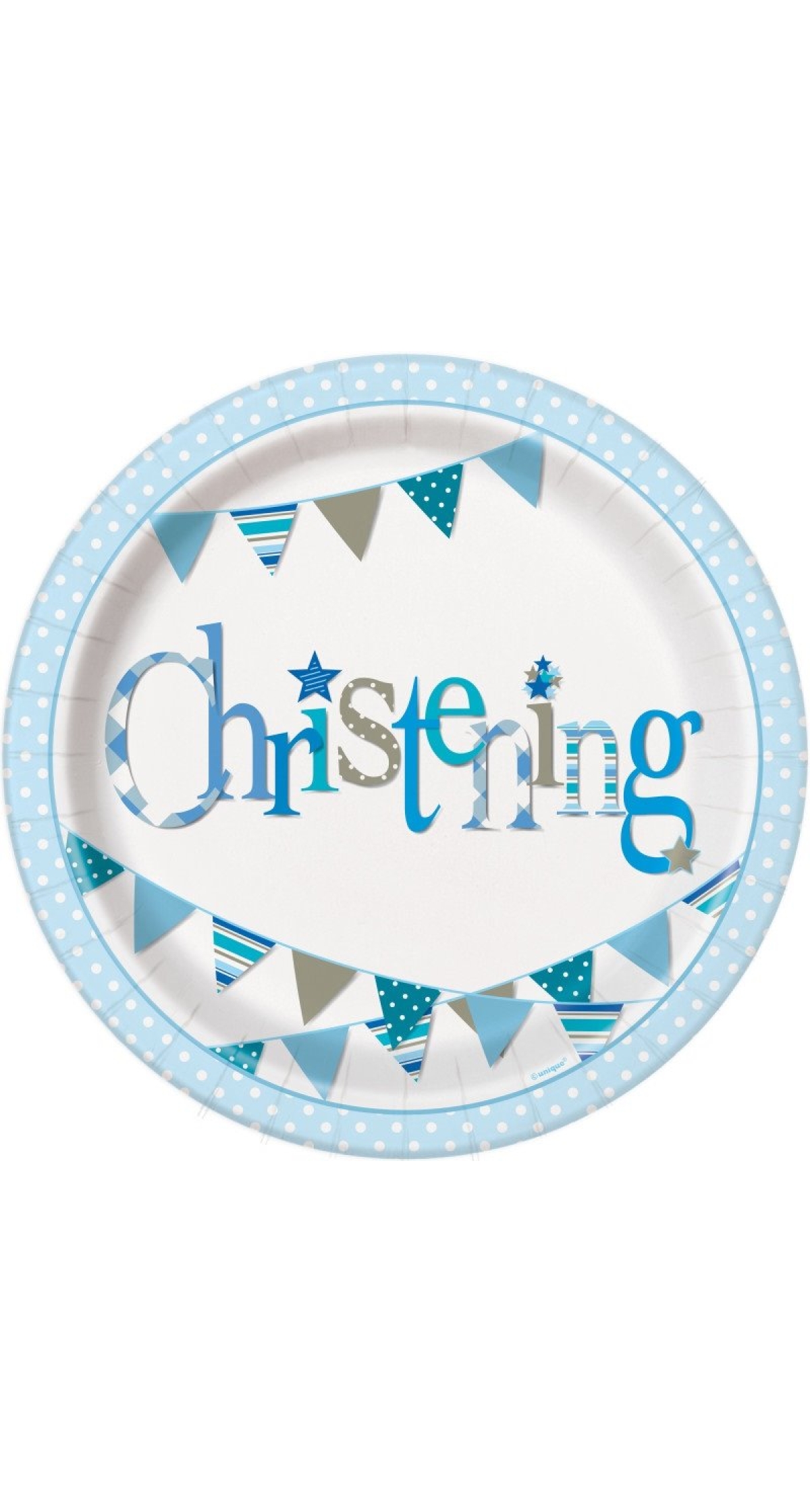 Blue Bunting Christening Round 9 Inch Paper Plates - 8pk