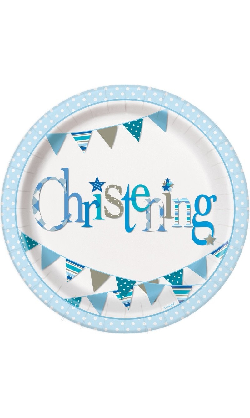 Blue Bunting Christening Round 9 Inch Paper Plates - 8pk