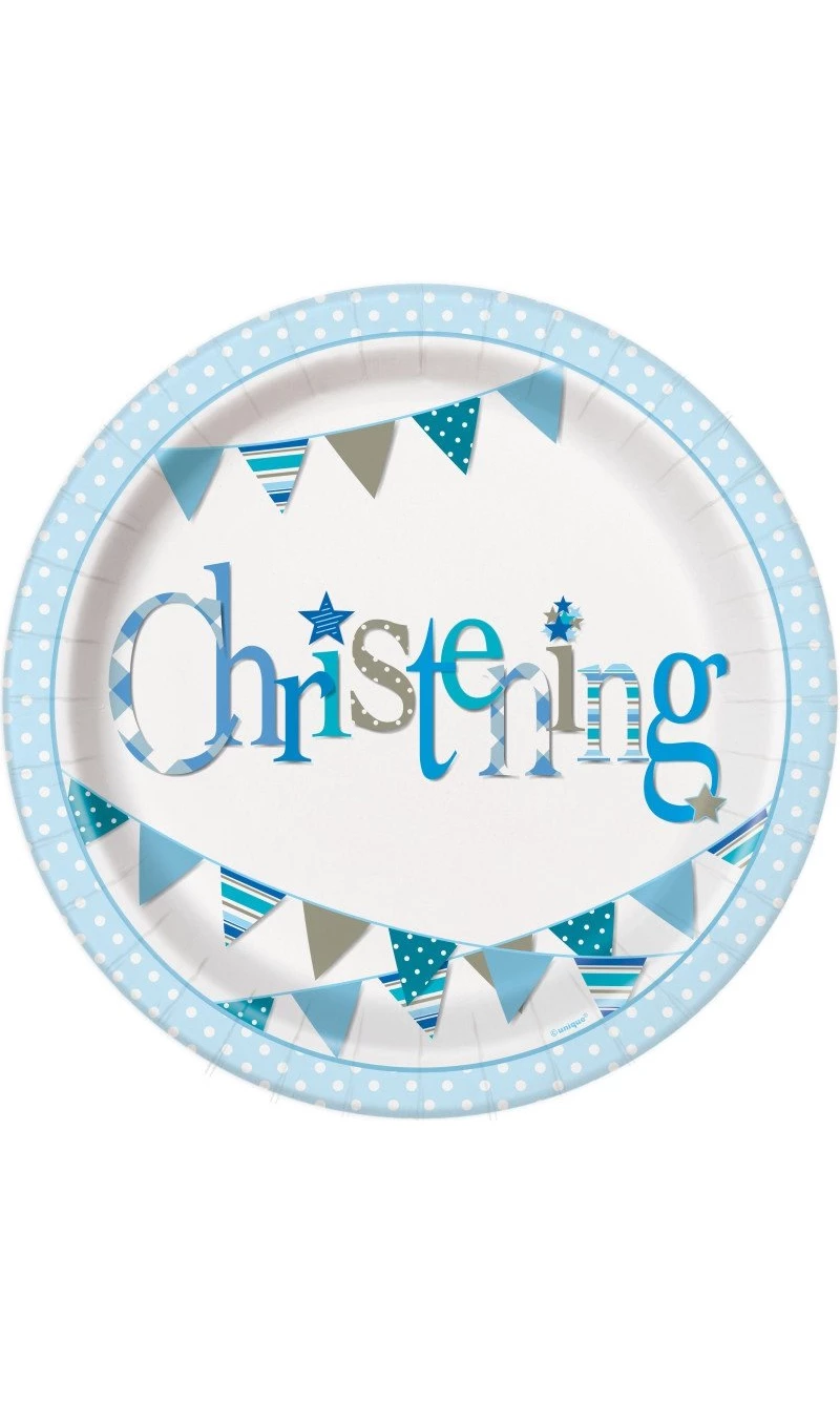 Blue Bunting Christening Round 9 Inch Paper Plates - 8pk
