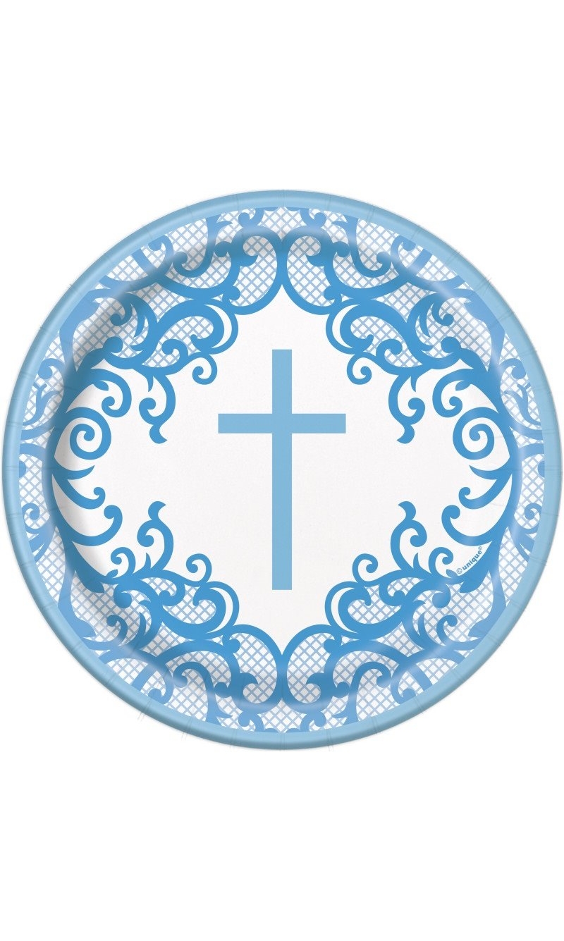 Fancy Blue Cross Round 7" Dessert Plates - 8pk