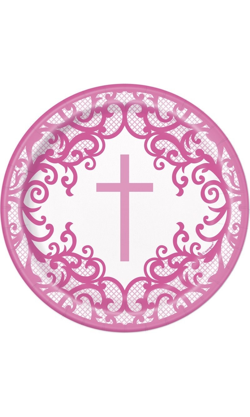 Fancy Pink Cross Round 7" Dessert Plates - 8pk