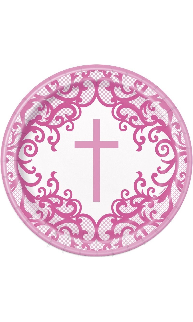 Fancy Pink Cross Round 9" Dinner Plates - 8pk