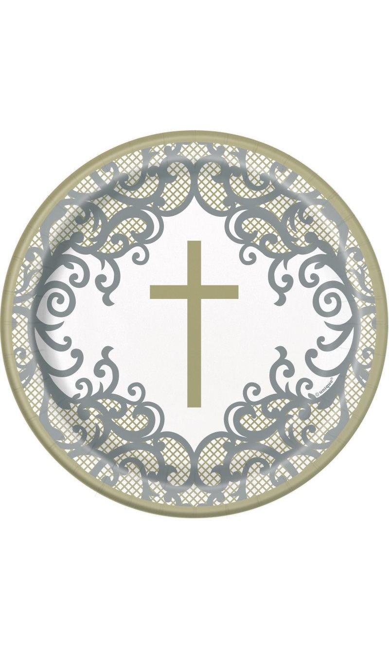 Fancy Gold Cross Round 7" Dessert Plates - 8pk