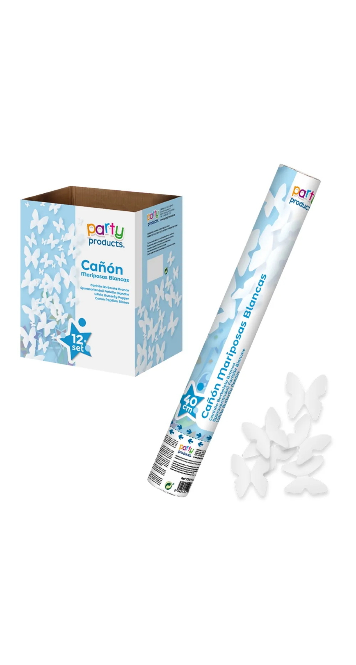 Confetti Cannon / Popper With Butterflies, White, 40cm