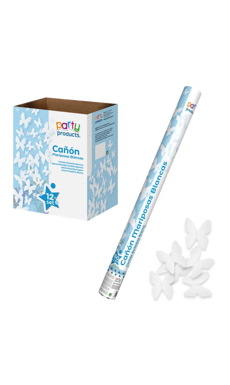 Confetti Cannon / Popper With Butterflies, White, 60cm