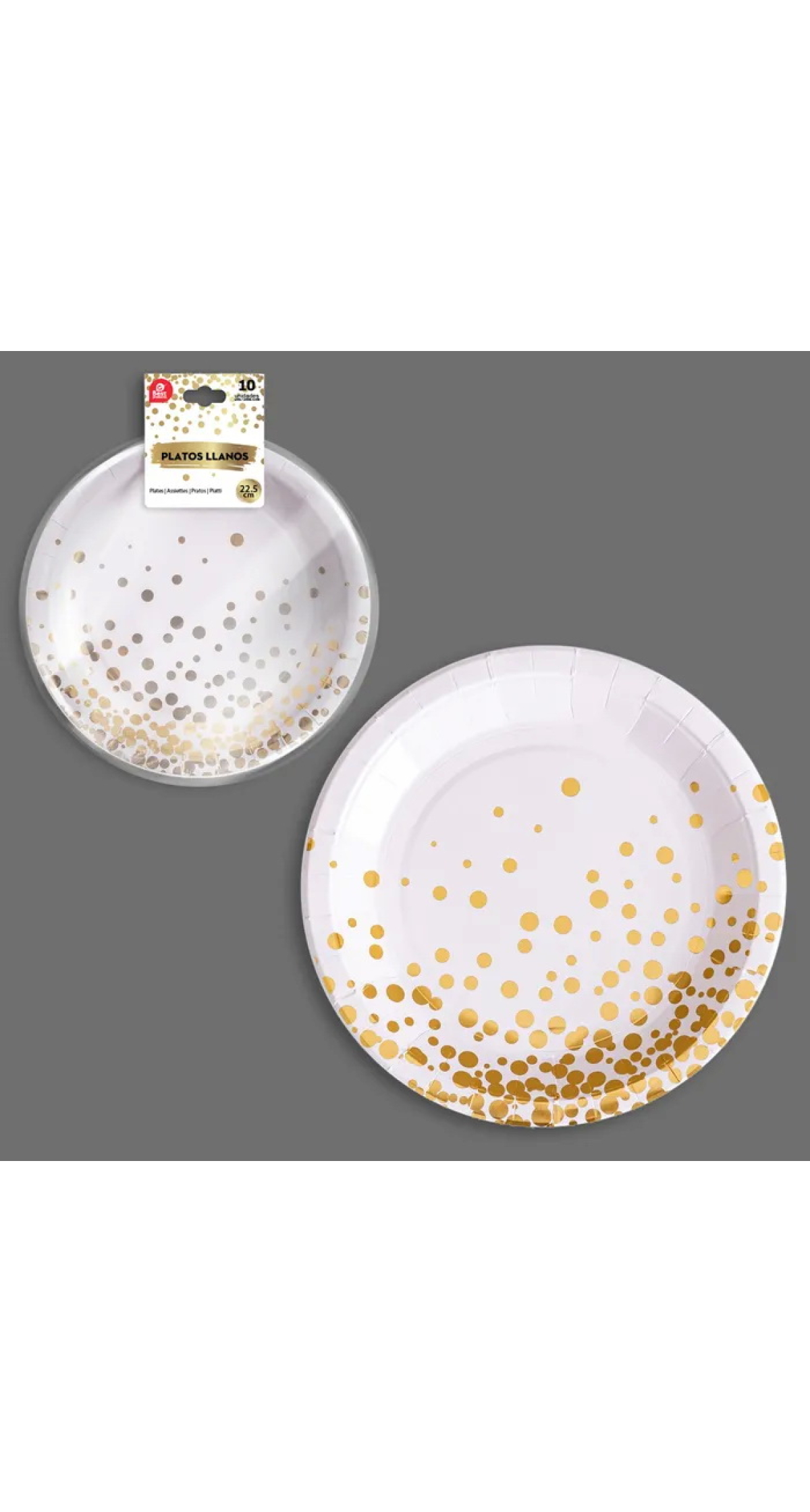 White With Gold Dots Paper Plates 22.5cm - 10pk