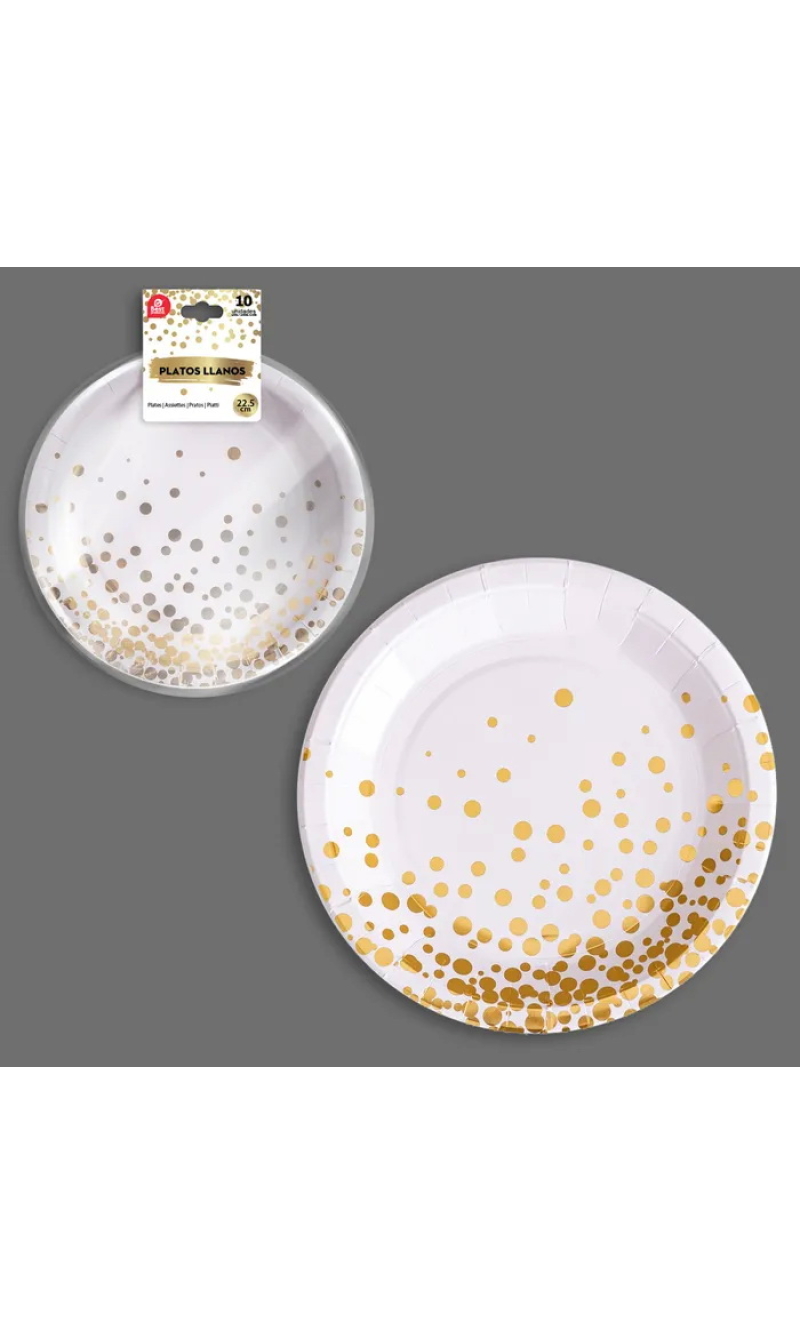 White With Gold Dots Paper Plates 22.5cm - 10pk