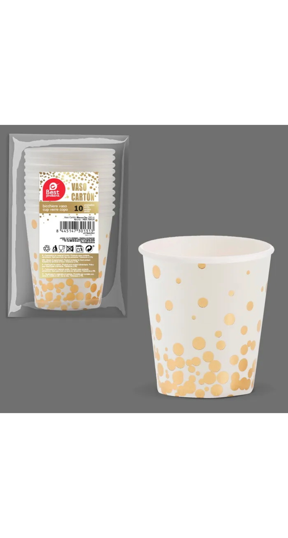 White With Gold Dots Paper Cups 200ml - 10pk