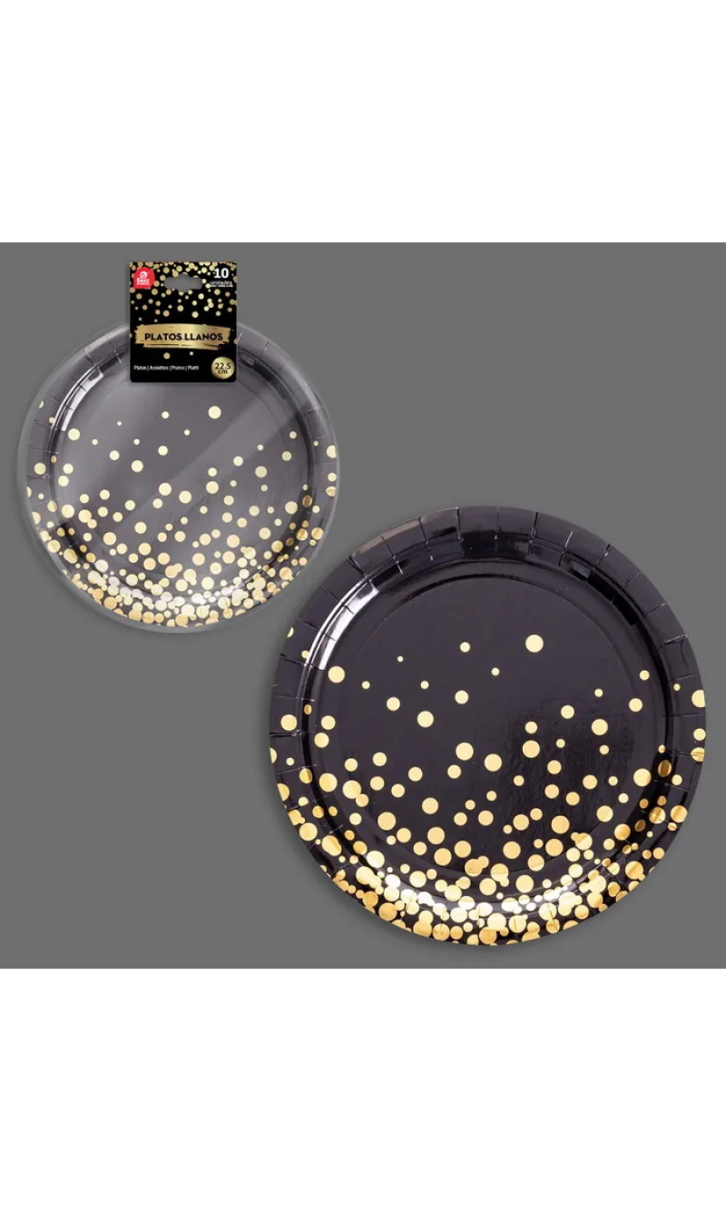 Black With Gold Dots Paper Plates 22.5cm - 10pk
