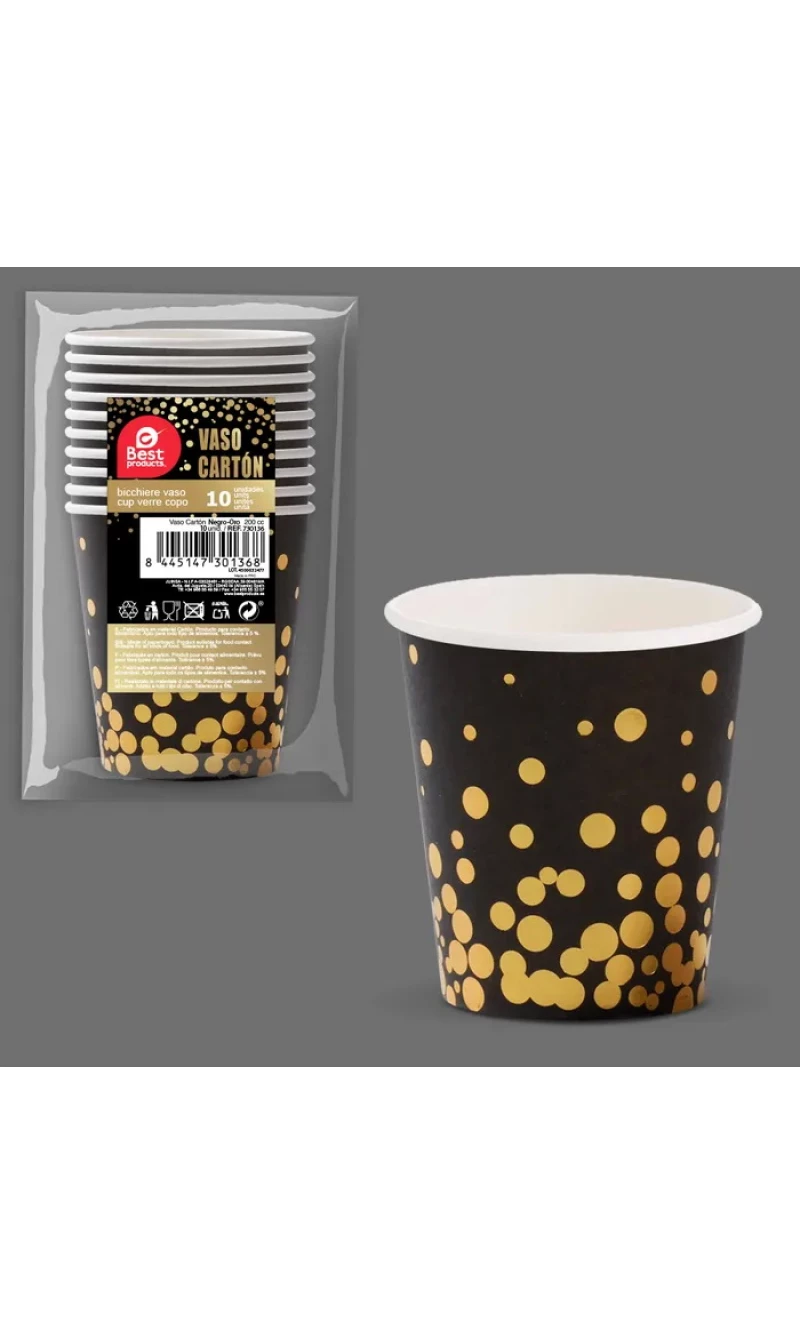 Black With Gold Dots Paper Cups 200ml - 10pk