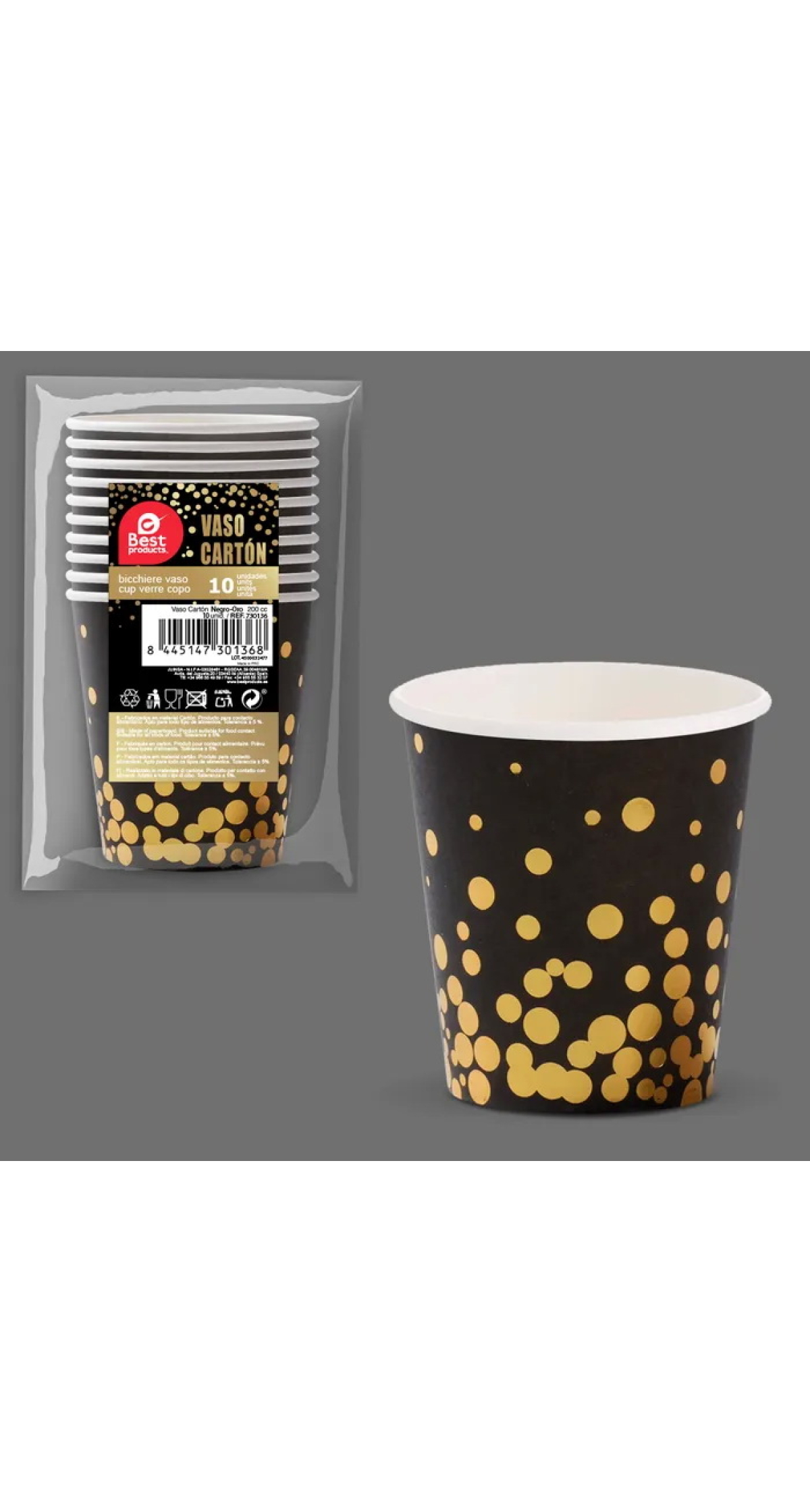 Black With Gold Dots Paper Cups 200ml - 10pk