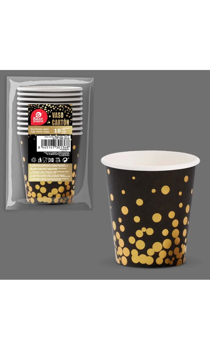 Black With Gold Dots Paper Cups 200ml - 10pk