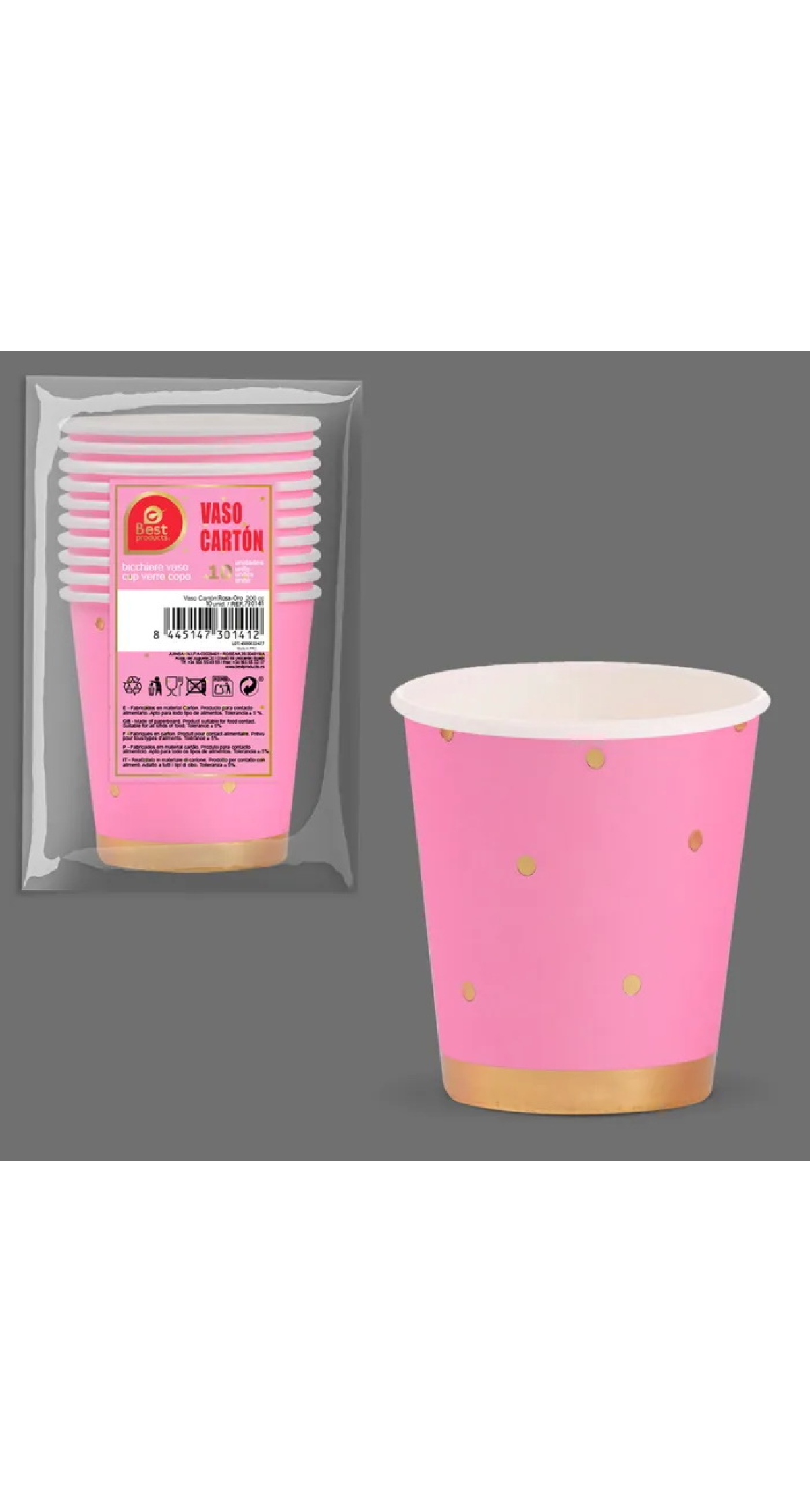 Pink With Gold Dots Paper Cups 200ml - 10pk