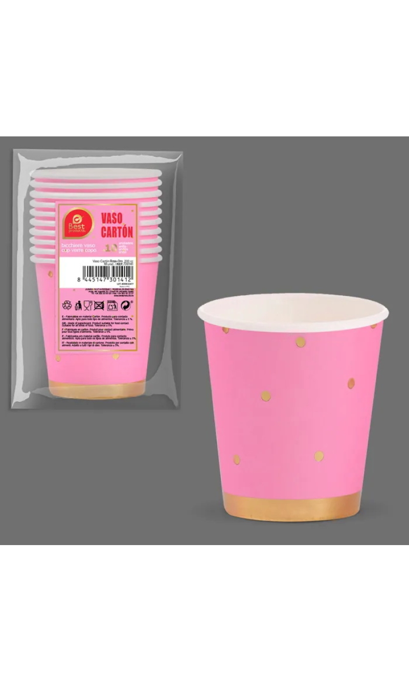 Pink With Gold Dots Paper Cups 200ml - 10pk