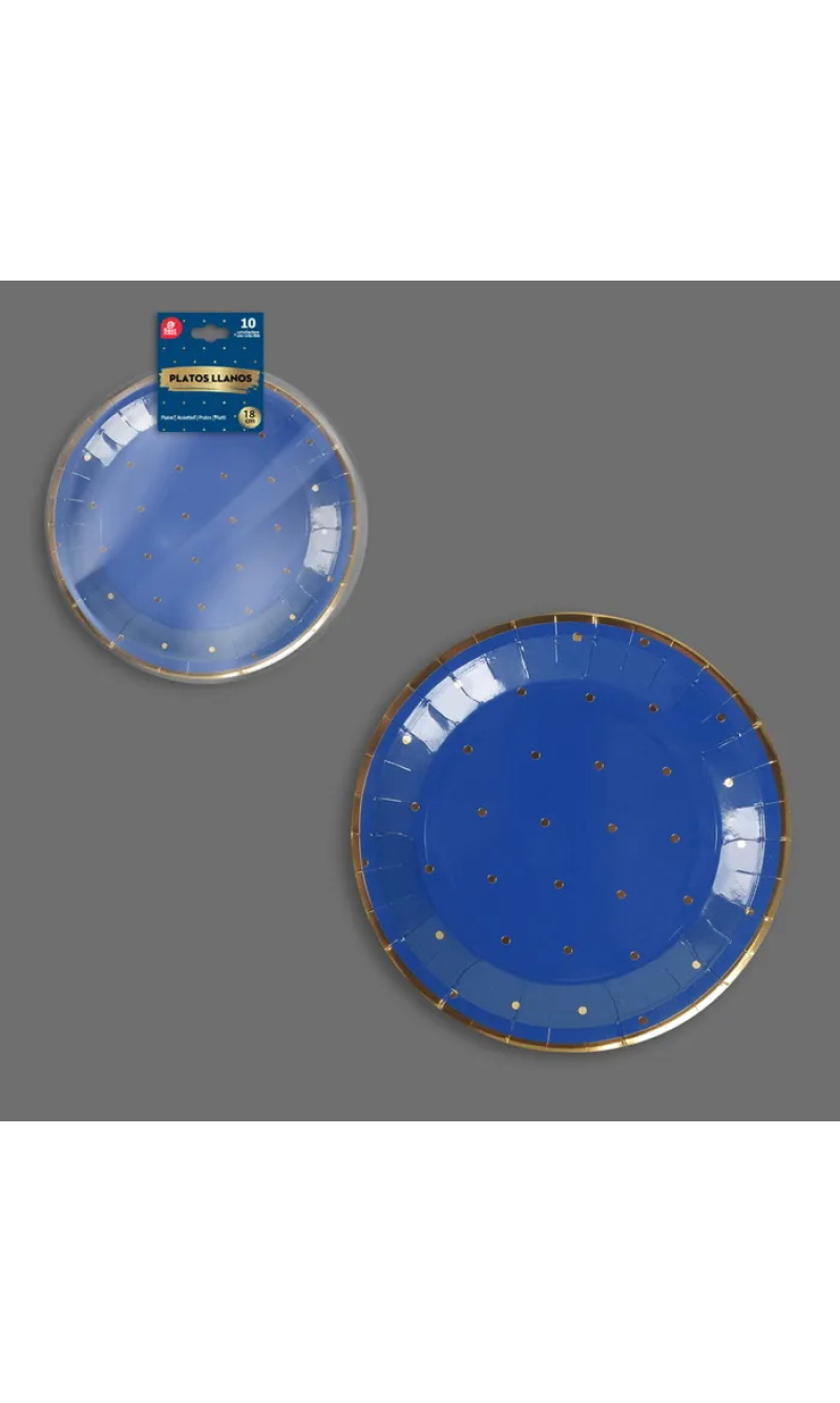 Blue With Gold Dots Paper Plates 18cm - 10pk