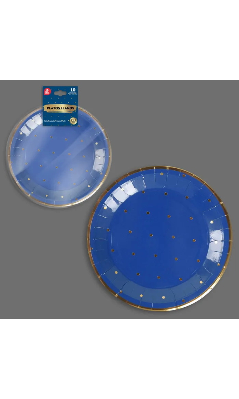 Blue With Gold Dots Paper Plates 22.5cm - 10pk