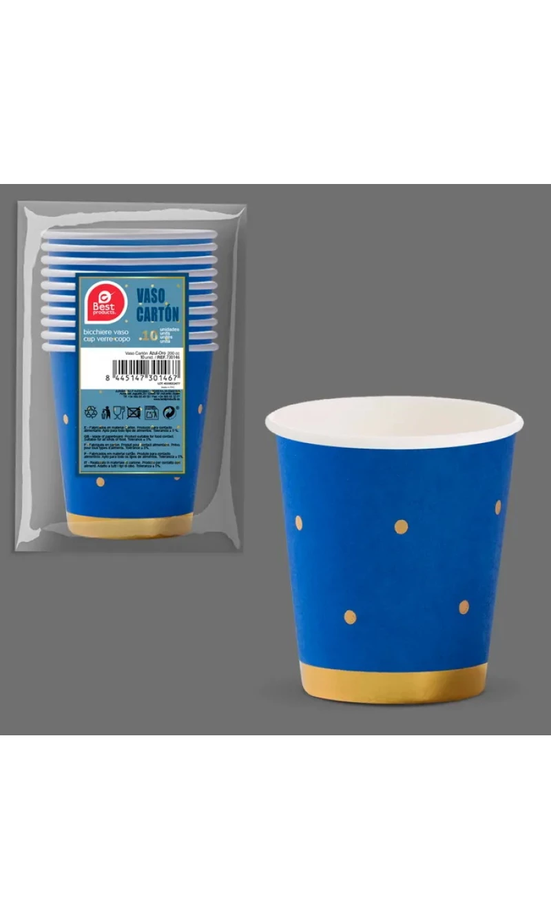 Blue With Gold Dots Paper Cups 200ml - 10pk