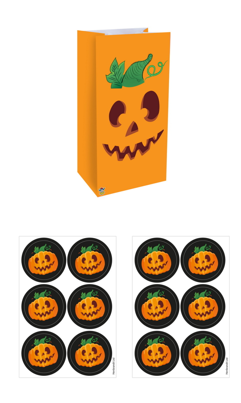 Halloween Pumpkin Paper Party Bags with Stickers (13x25x8cm) – 12pk