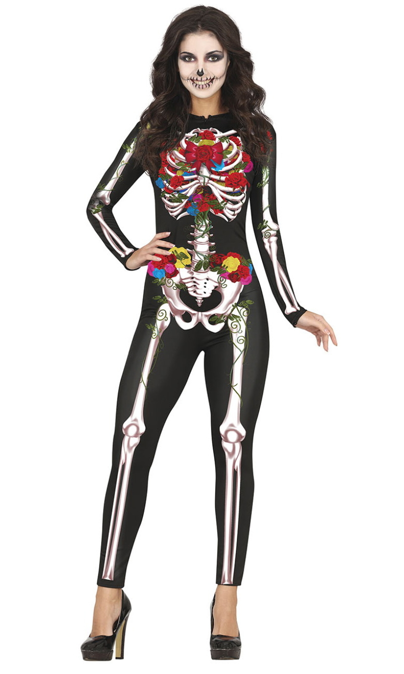 Colourful Skeleton Lady Costume - Adult Size Medium (38-40)