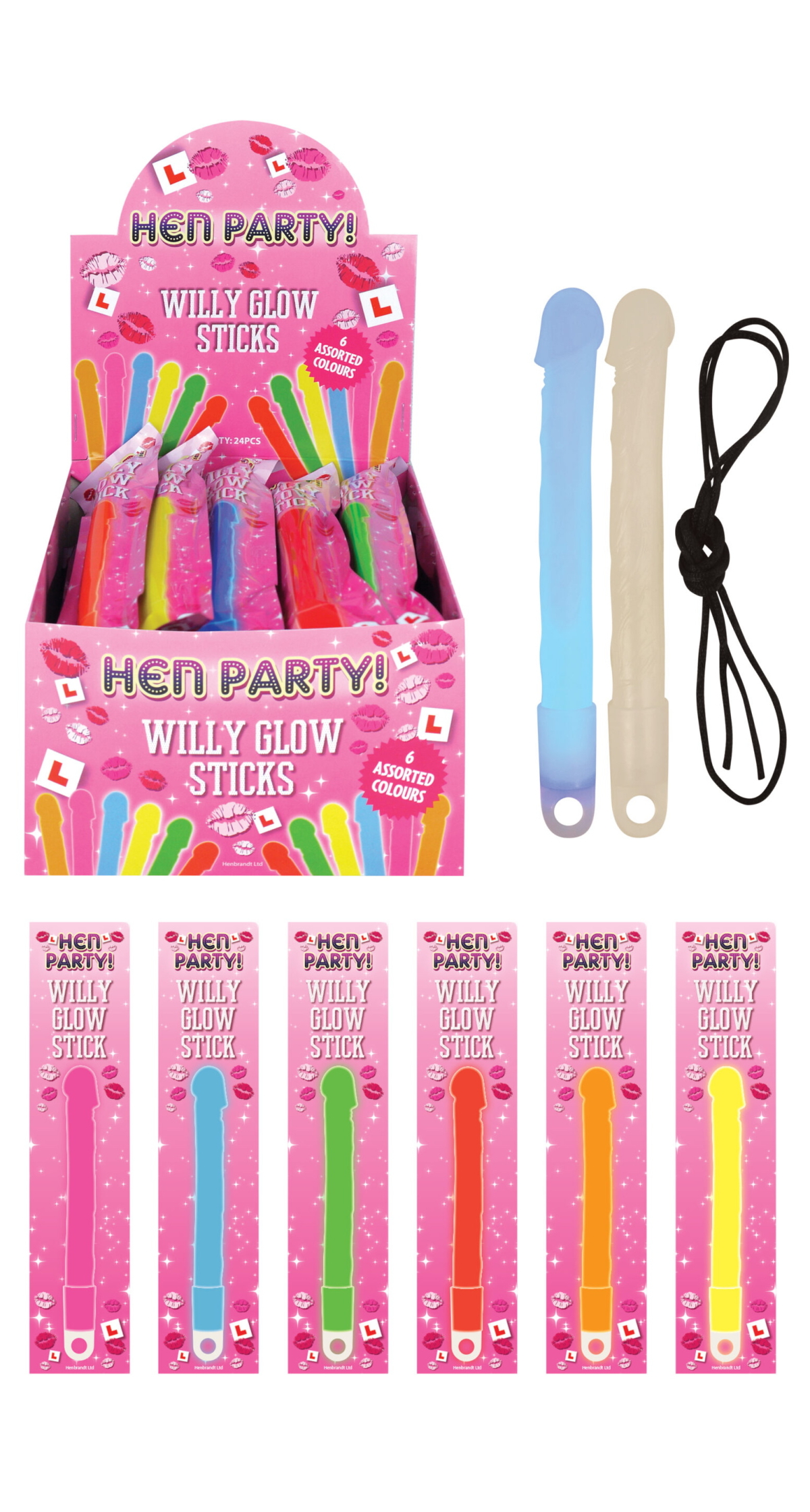Hens Willy Glow Stick 17cm With Lanyard (Assorted Colours) - 1pc