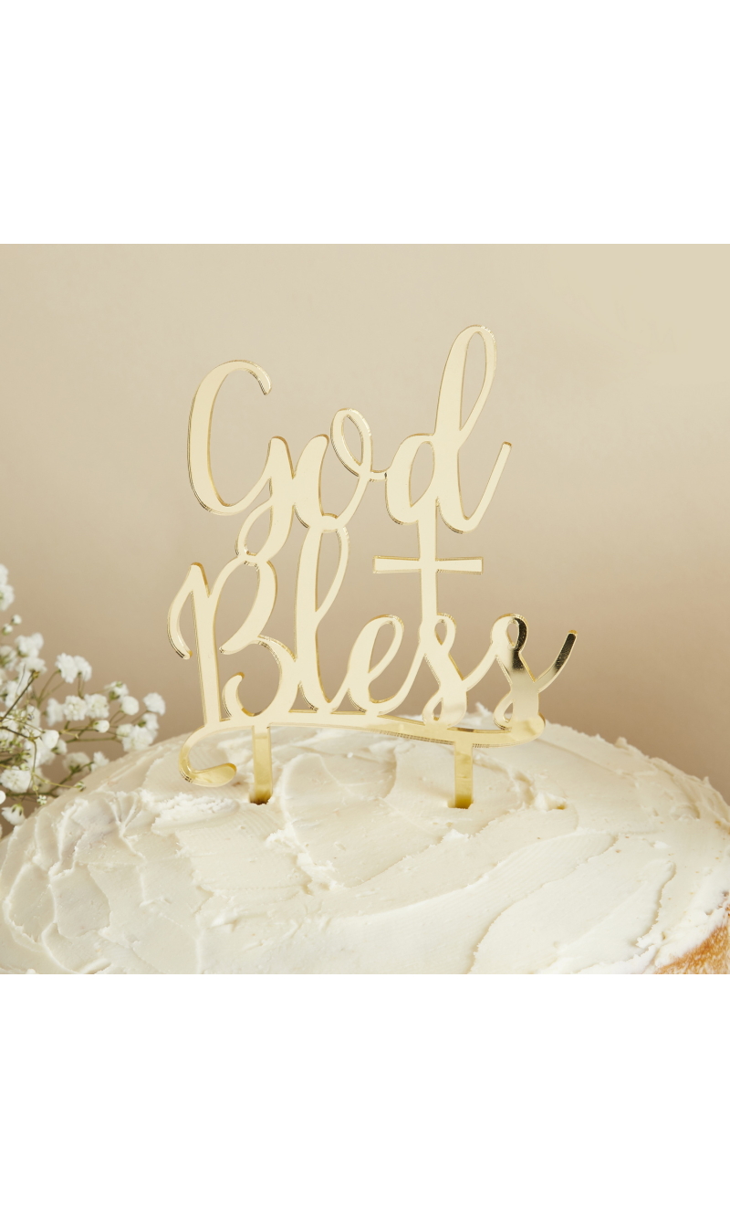 Communion Gold Acrylic God Bless Cake Topper 123x209mm