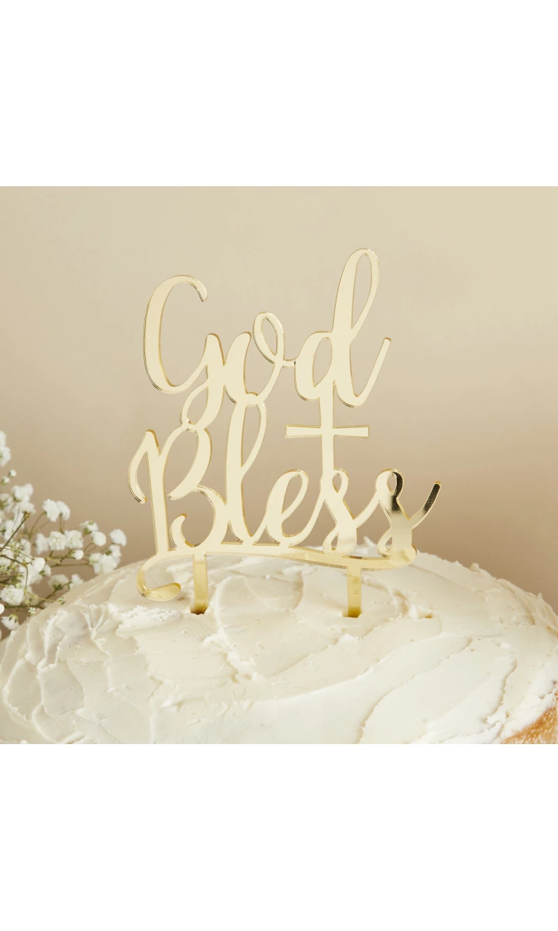 Communion Gold Acrylic God Bless Cake Topper 123x209mm