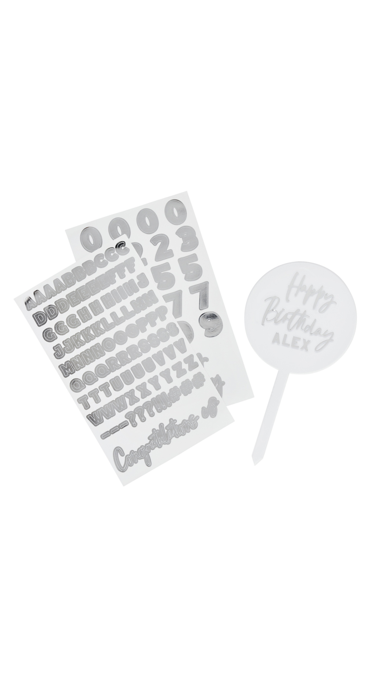 Acrylic Personalised Cake Topper With Silver Sticker Sheets - Image 3