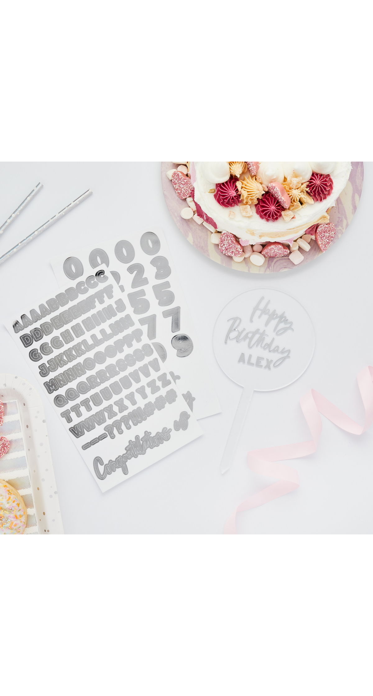 Acrylic Personalised Cake Topper With Silver Sticker Sheets - Image 2
