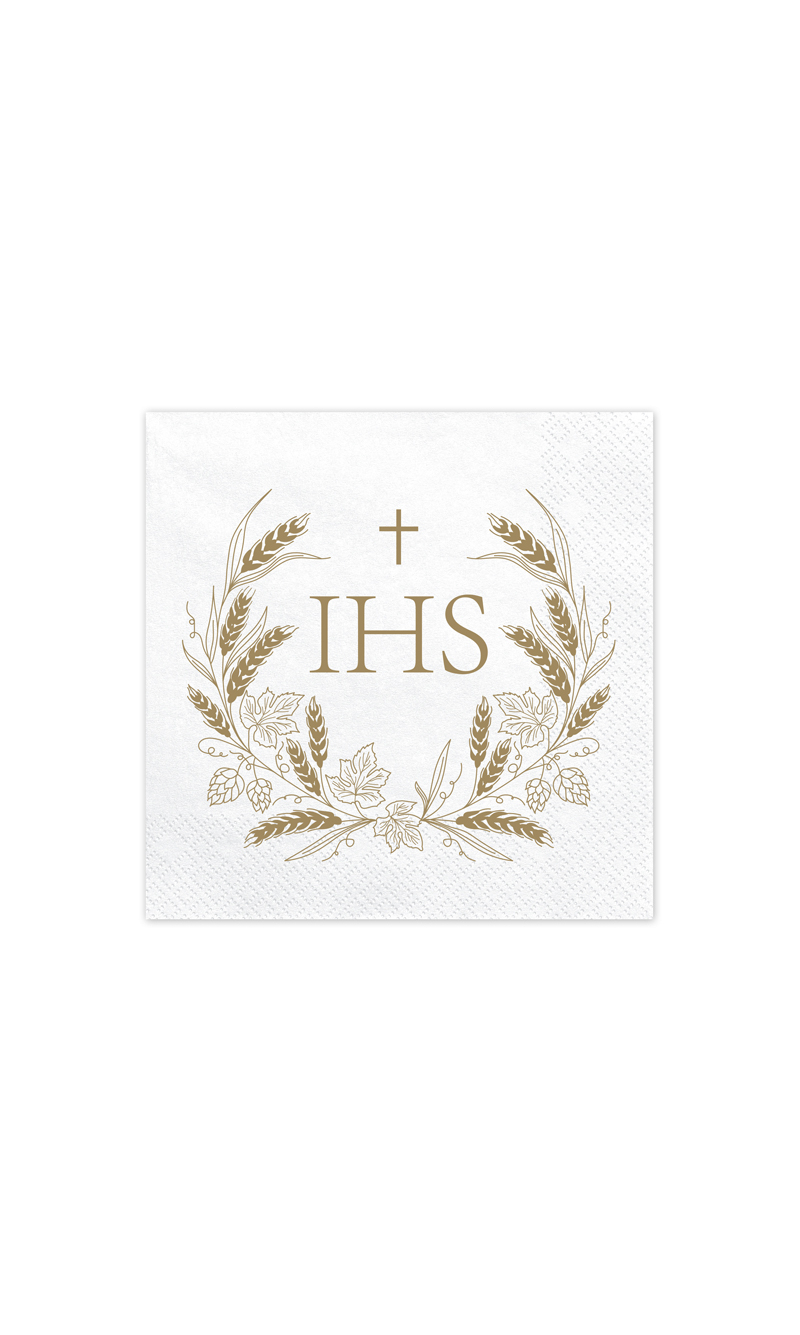 Holy Communion Napkins IHS, 33x33cm, Gold (1pkt / 12pc)