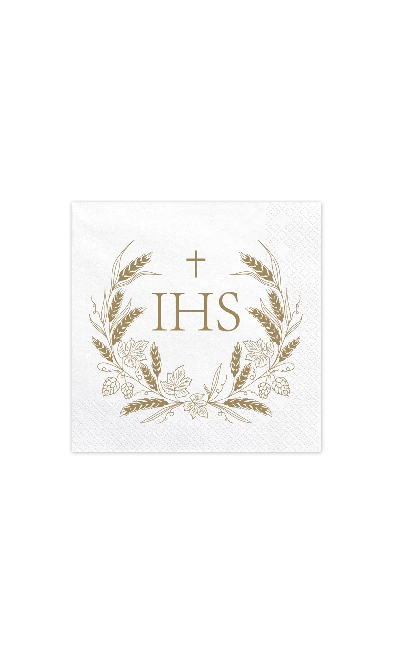 Holy Communion Napkins IHS, 33x33cm, Gold (1pkt / 12pc)