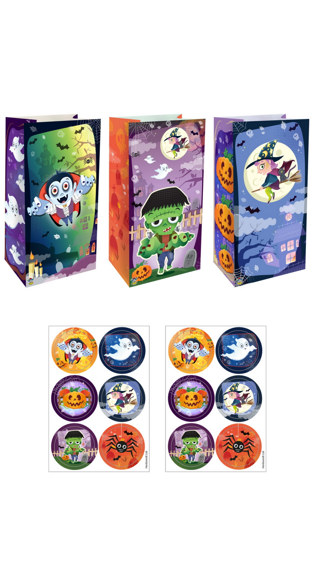 Halloween Paper Party Bags with Stickers 13x25x8cm  (3 Assorted Designs) – 12pk