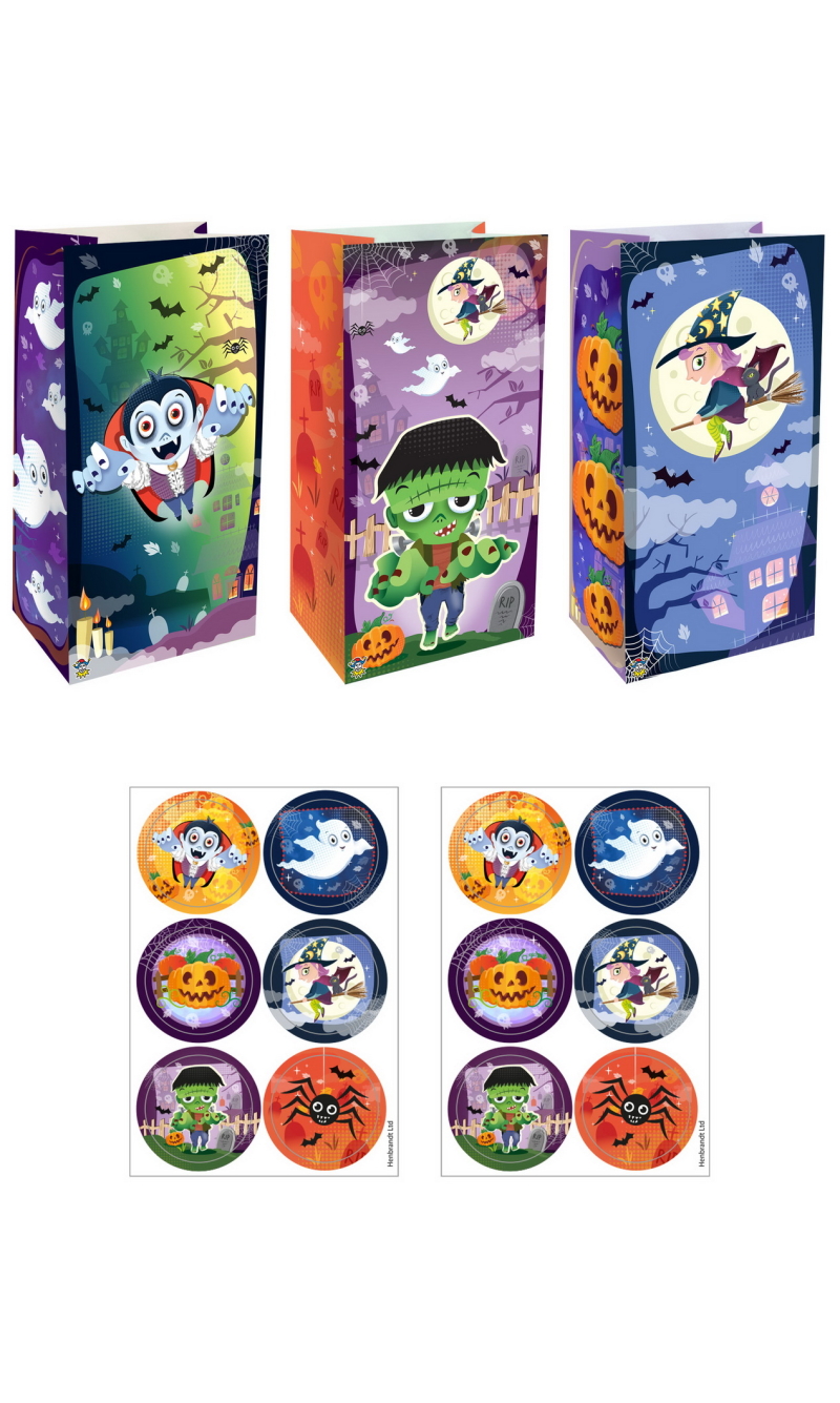Halloween Paper Party Bags with Stickers 13x25x8cm  (3 Assorted Designs) – 12pk